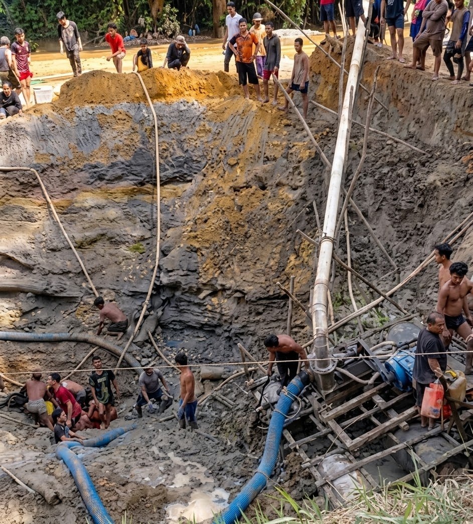 TRAGEDI PETI: Aktivitas penambangan rakyat di kawasan perbukitan Kapuas Hulu. Longsor di lokasi tambang ilegal Desa Bugang menewaskan tujuh warga yang sedang menambang pada Minggu (8/3/2026). 