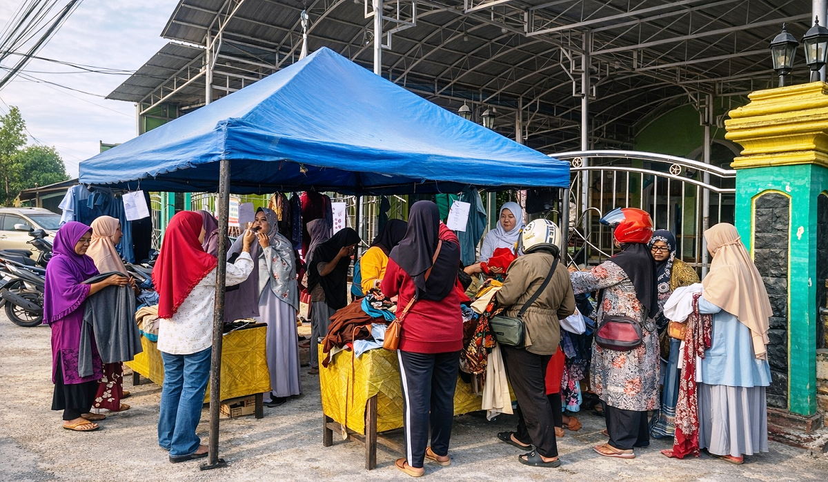 BERBURU PAKAIAN MURAH: Warga memadati bazar pakaian layak pakai di halaman Masjid Jami Nurul Muslimin, Desa Limbung, Kecamatan Sungai Raya, Kabupaten Kubu Raya untuk mencari pakaian dengan harga terja