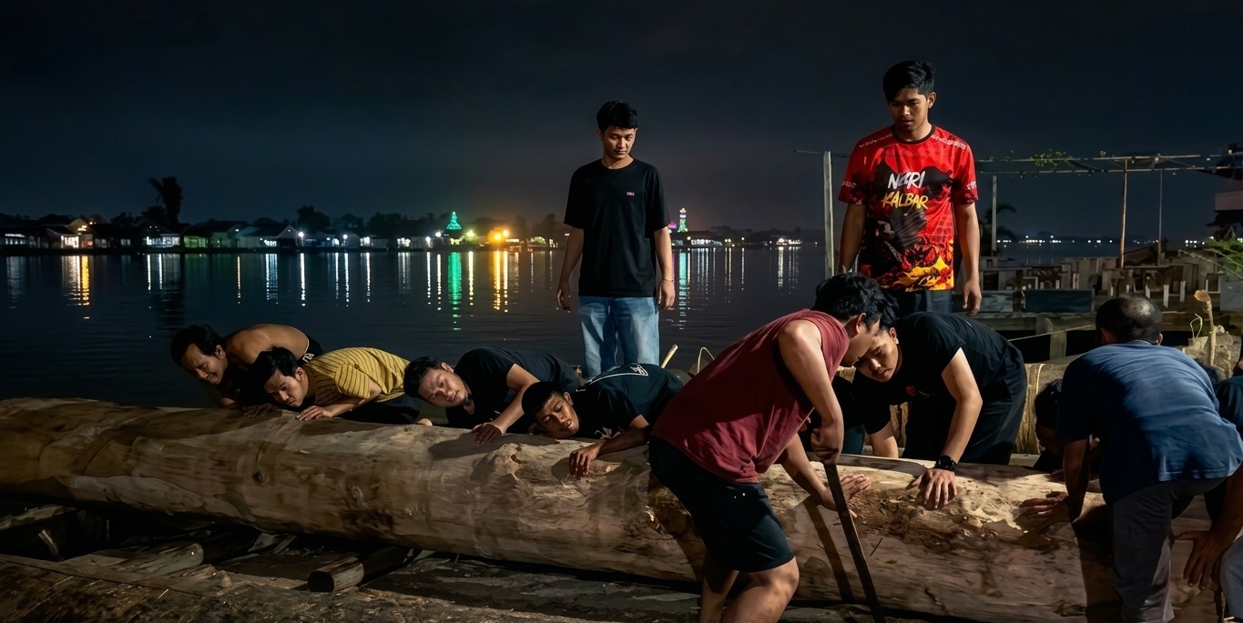 GOTONG ROYONG: Warga Gang Kuantan, Pontianak Selatan, bergotong royong merakit meriam karbit di tepian Sungai Kapuas sebagai persiapan memeriahkan malam takbiran Idulfitri 1447 Hijriah. 