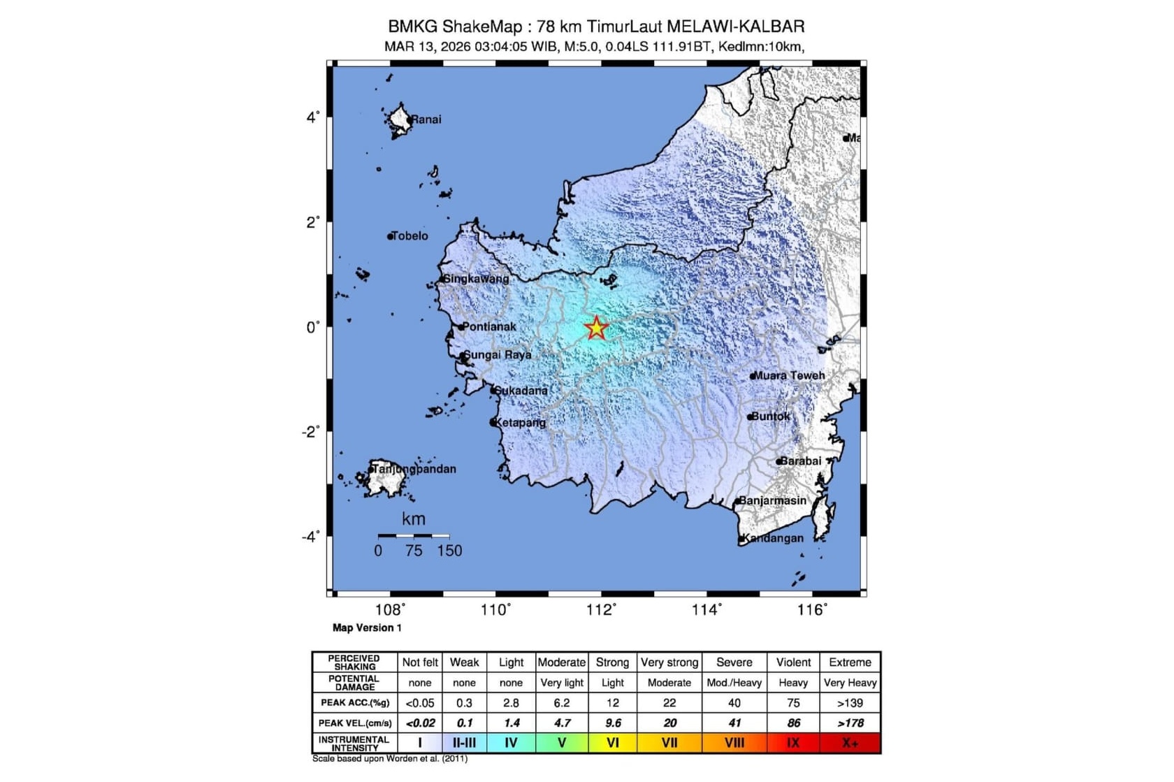 Titik episentrum gempa Sintang pada Jumat (13/3) dini hari. 