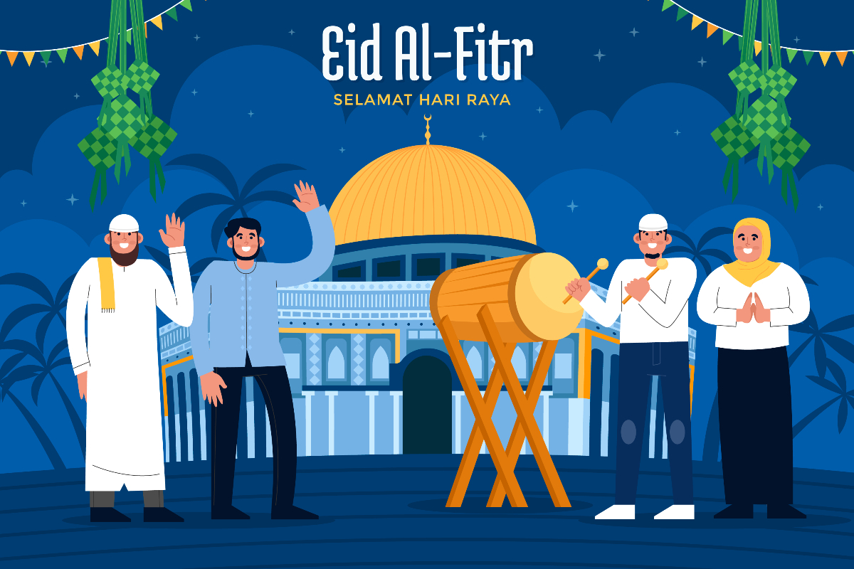 Ilustrasi bergembira saat menyambut hari raya idul fitri.