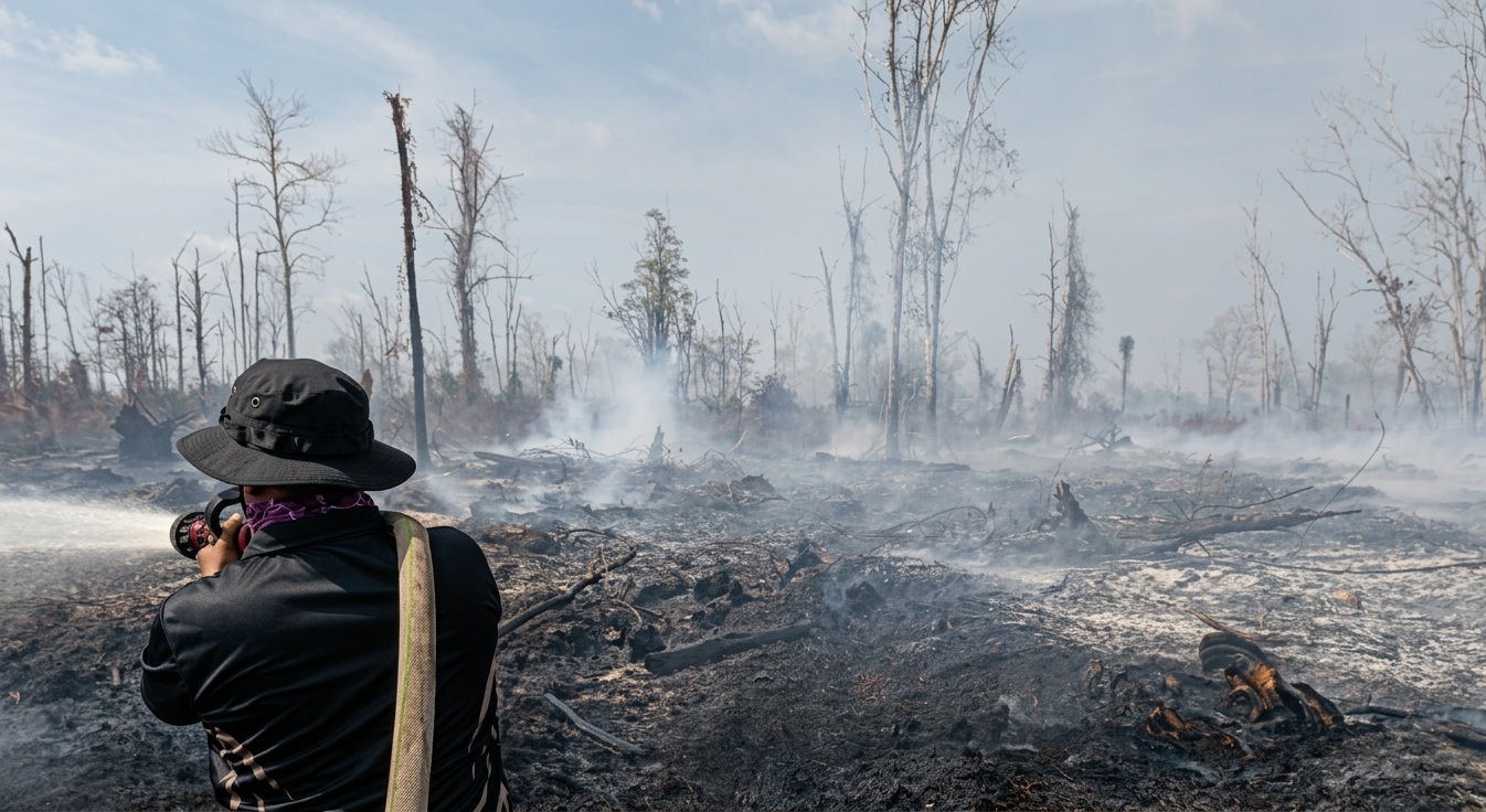KARHUTLA: Seorang petugas berupaya memadamkan api yang melalap lahan di Desa Mekar Sari, Kecamatan Sungai Raya, Kubu Raya, Kamis (26/3). Upaya pemadaman terus dilakukan untuk mencegah meluasnya kebaka
