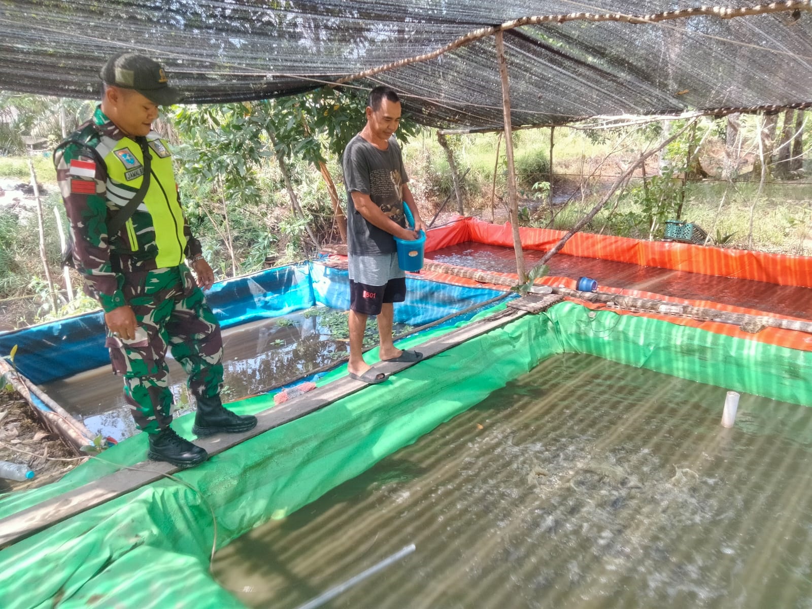 KOLAM IKAN: Babinsa saat mendatangi kolam ikan warga yang menjadi upaya mendukung ketahanan pangan di desa.