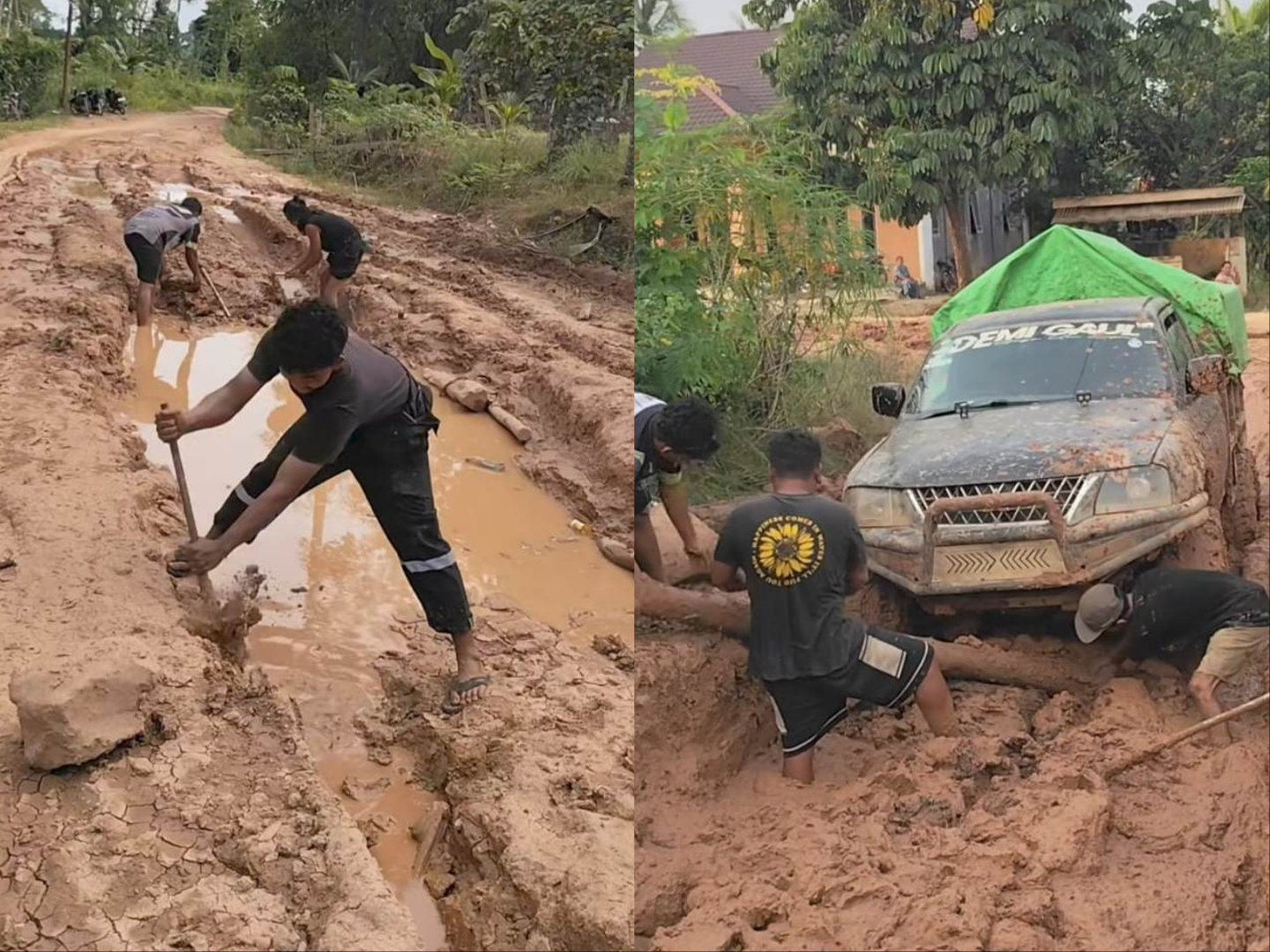 Jalan rusak di Bedayan, Kabupaten Sintang, Kalimantan Barat.