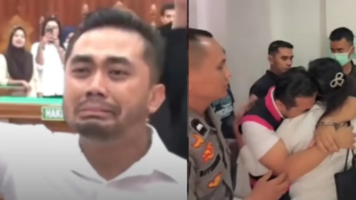 Amsal Sitepu tak kuasa menahan air matanya usah dinyatakan tidak bersalah Pengadilan Negeri (PN) Medan pada Rabu (1/4). ISTIMEWA