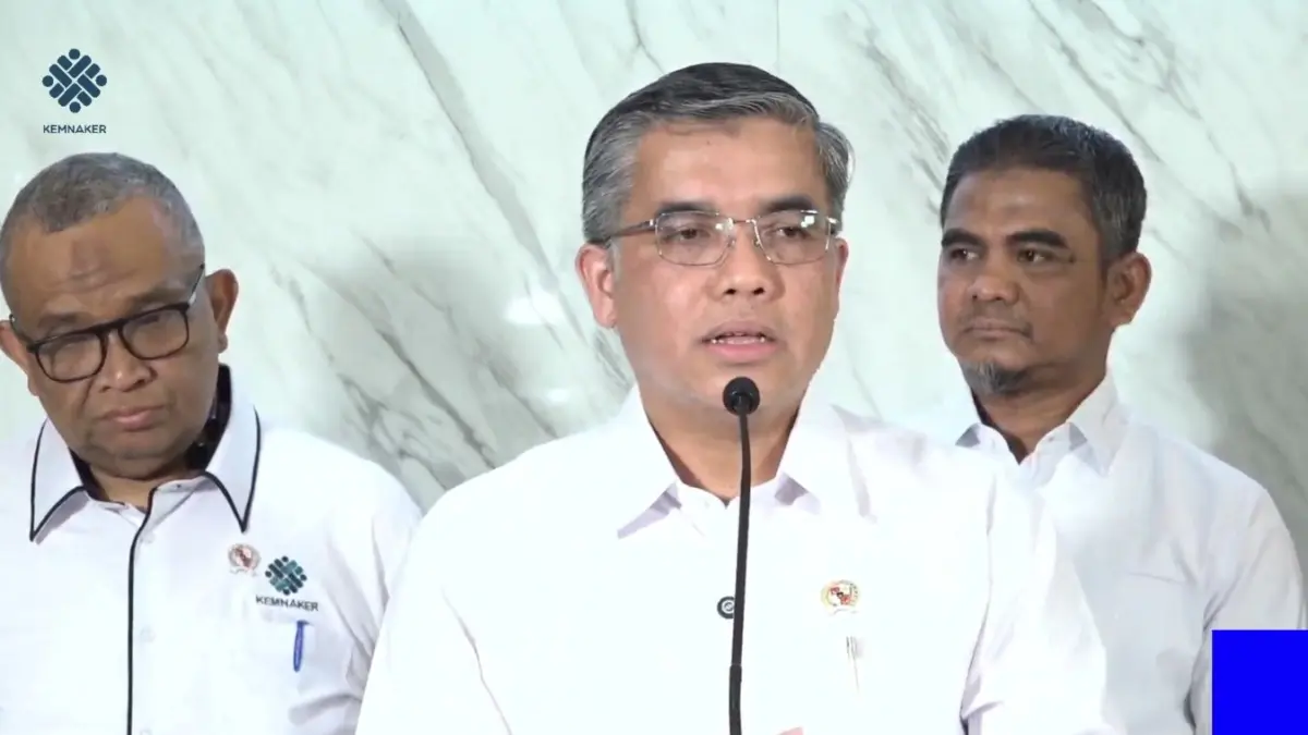 Menteri Ketenagakerjaan Yassierli dalam konferensi pers di Jakarta, Rabu (1/4). (BAKOM RI)