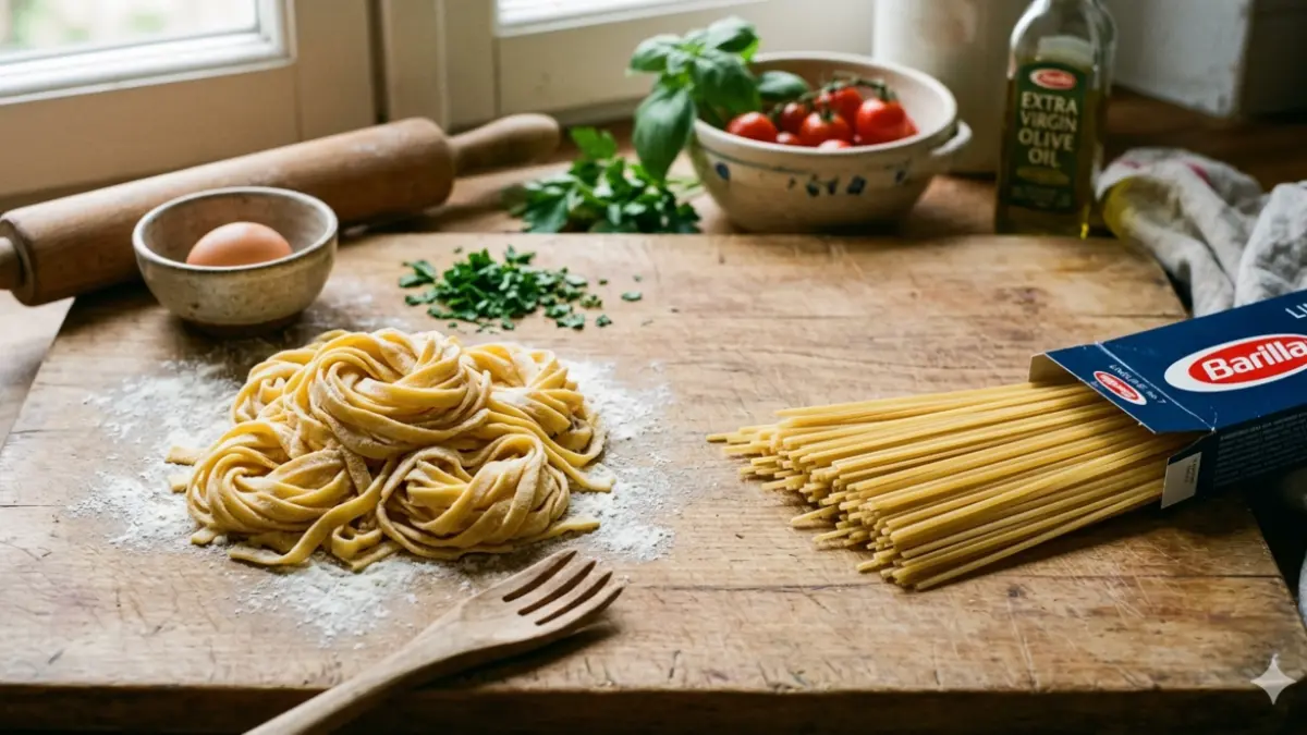 Ilustrasi pasta segar dan kering (AI)