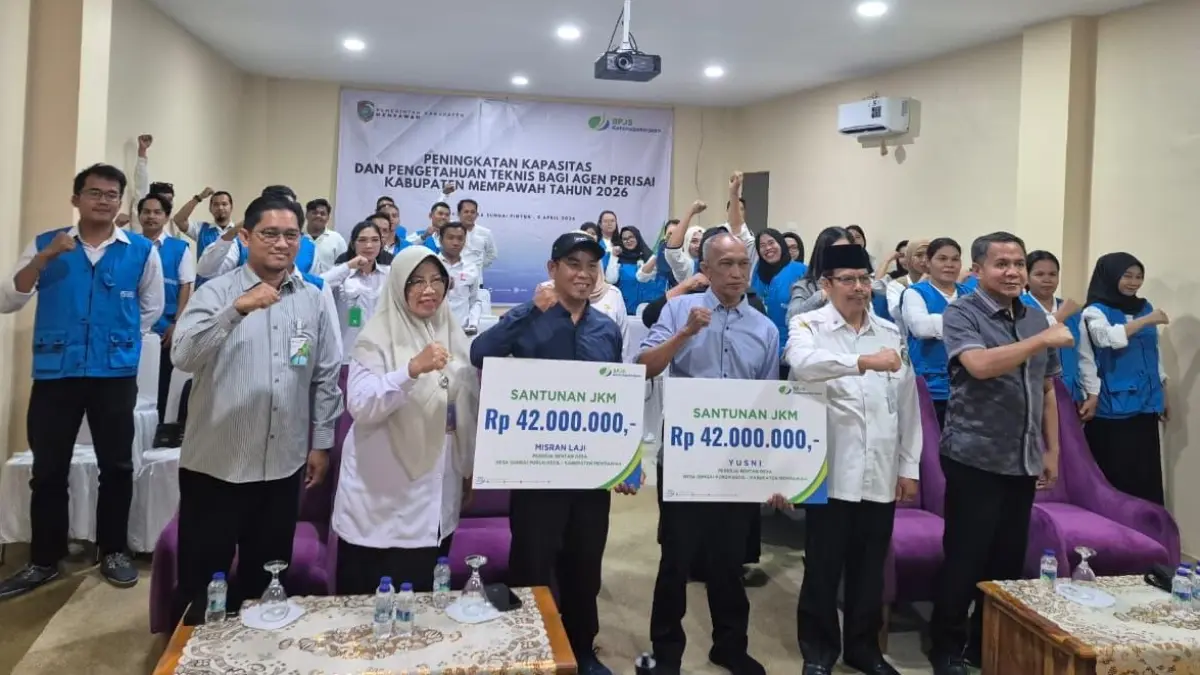 Pelatihan Agen PERISAI di Mempawah disertai penyerahan santunan JKM Rp42 juta kepada ahli waris peserta BPJS Ketenagakerjaan.