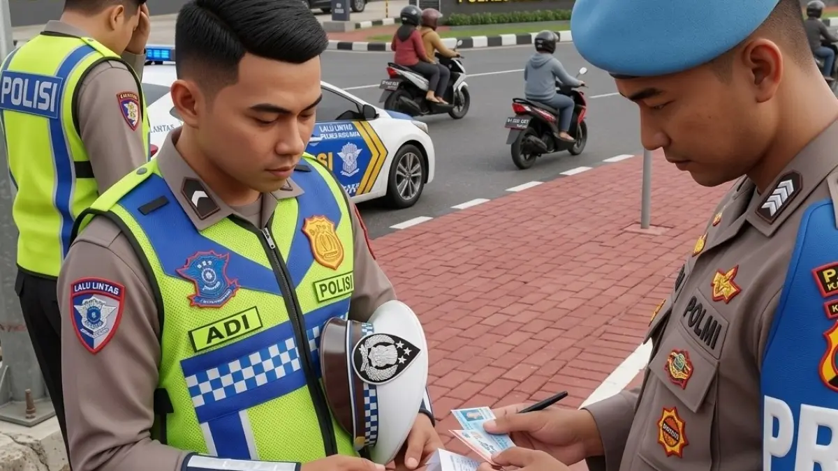 PEMERIKSAAN: Petugas memeriksa kelengkapan administrasi dan atribut personel Satlantas dalam sidak mendadak, Jumat (10/4) pagi. (POLRI)