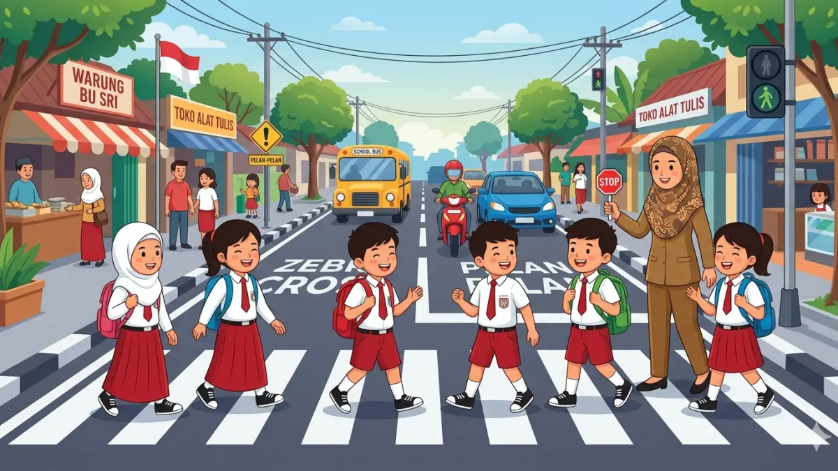 Ilustrasi anak-anak sedang menyebrang di zebra cross.  (AI)