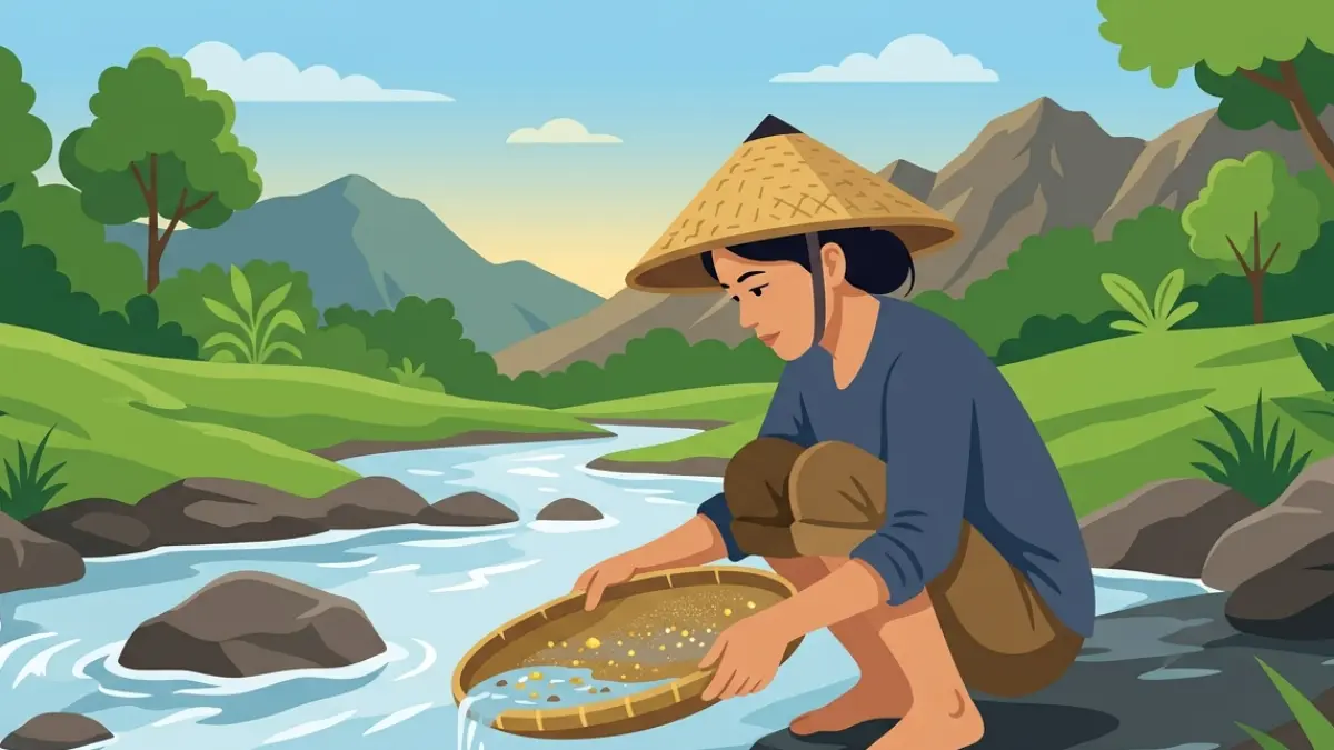 Ilustrasri penambang emas tradisional sedang mendulang emas.