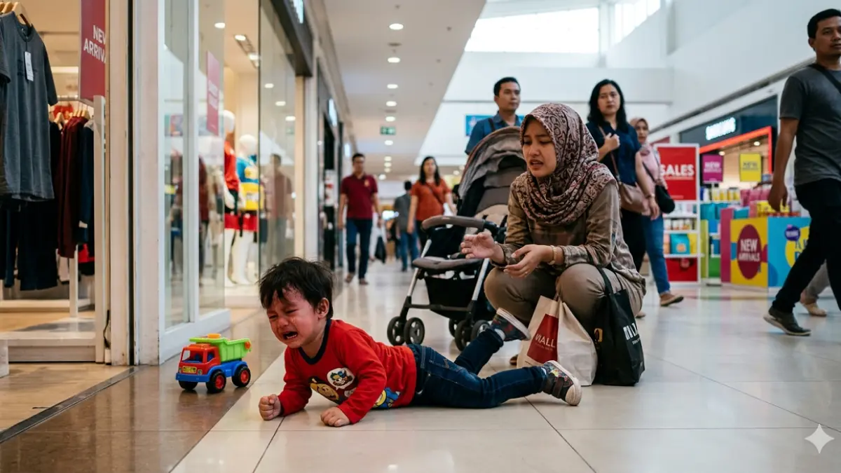 Ilustrasi anak menangis di ruang publik (AI)