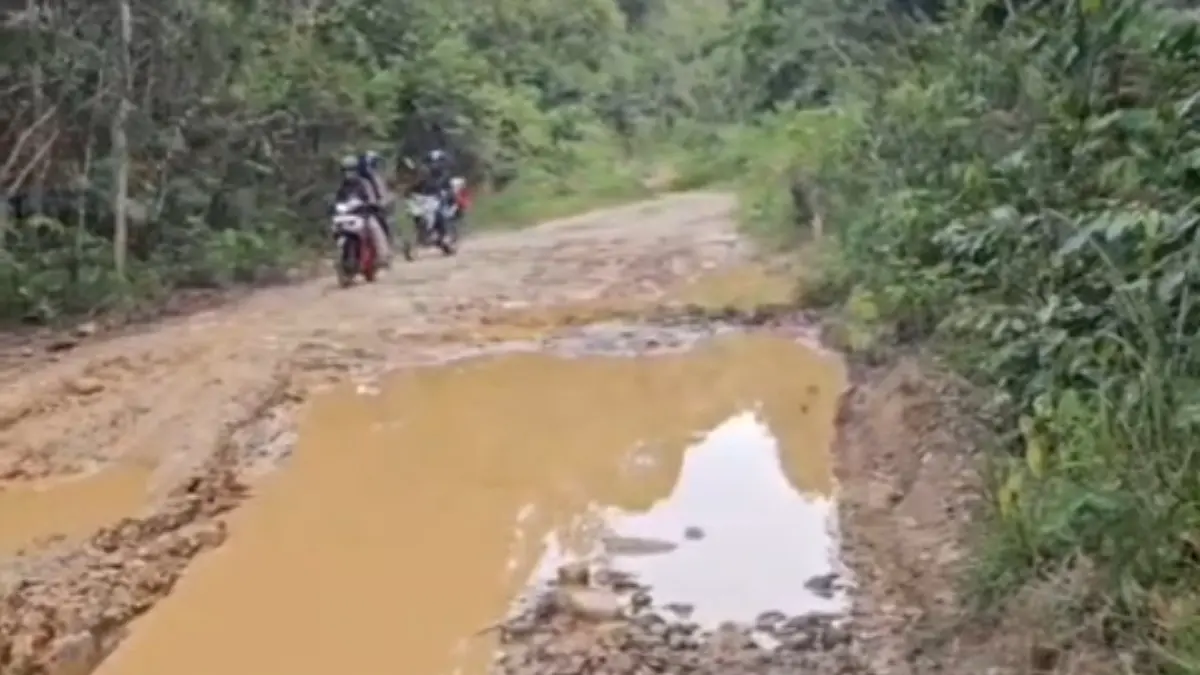 Kondisi jalan negara di daerah perbatasan Indonesia- Malaysia yang ada di Kecamatan Puring Kencana makin parah. (ISTIMEWA)