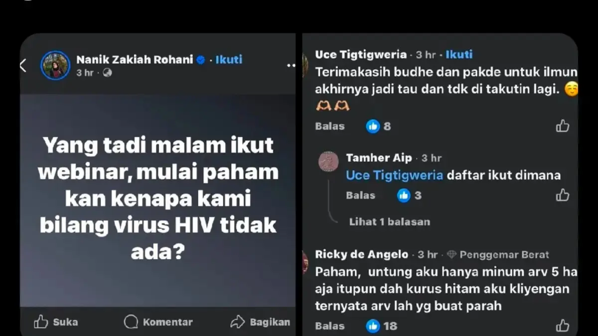 Unggahan influencer Facebook yang mengklaim virus HIV tidak ada (X Adam Prabata)