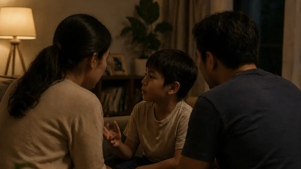 Ilustrasi anak berbicara dengan orangtuanya (AI)