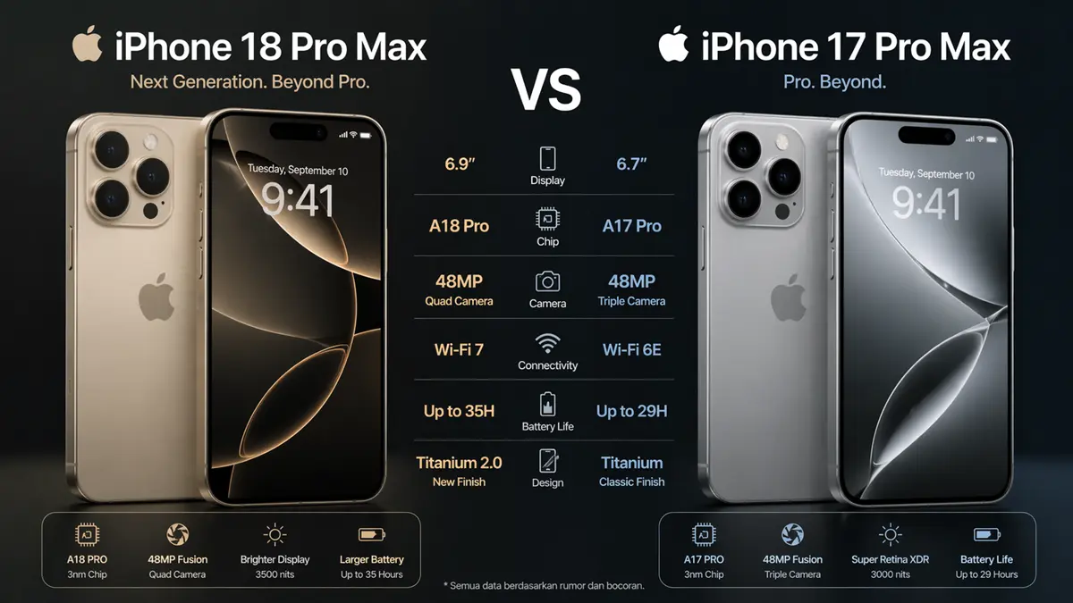 Ilustrasi desain iPhone 18 Pro Max dengan varian warna baru yang bocor ke publik.(Ilustrasi Generated AI)