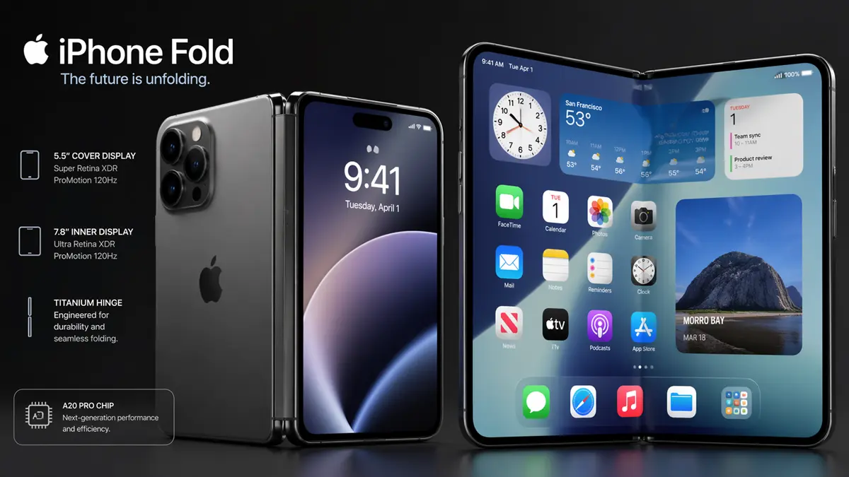 Ilustrasi konsep iPhone Fold dengan desain layar lipat tanpa lipatan (Generated AI)