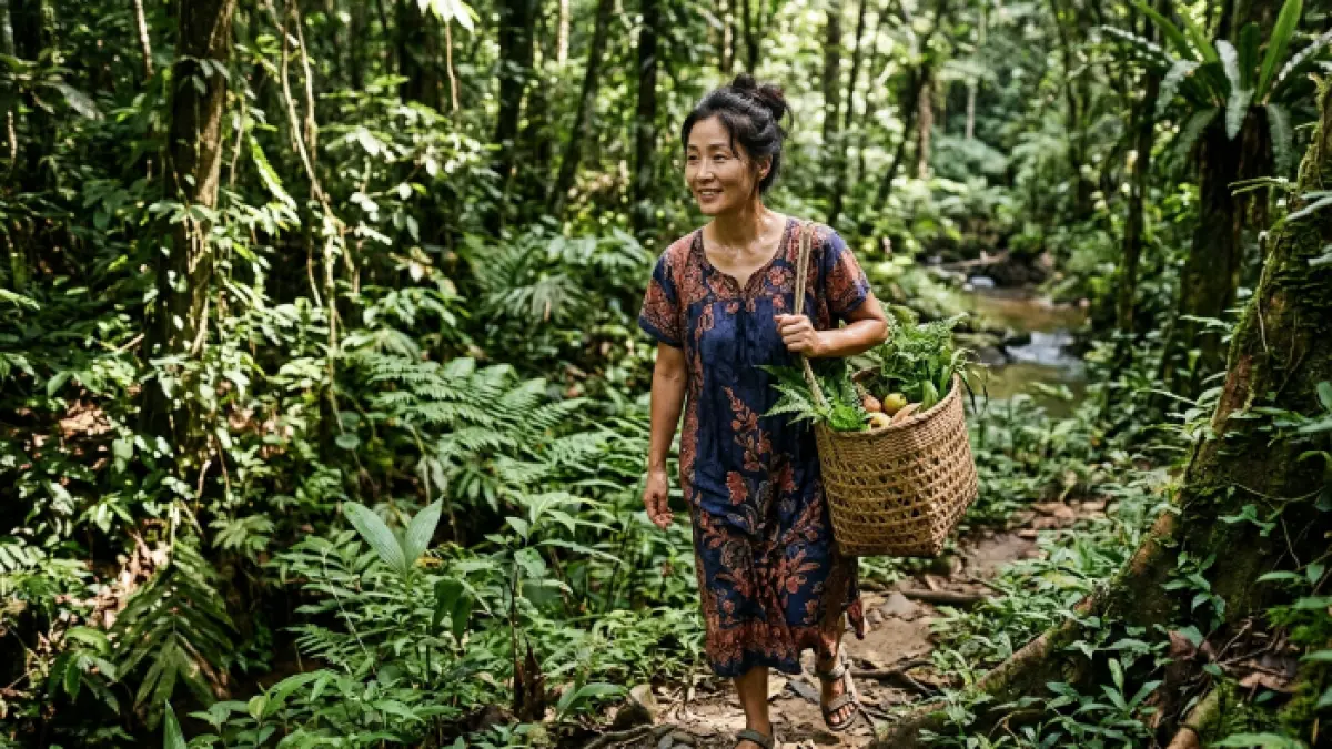Ilustrasi mencari sayur di hutan.