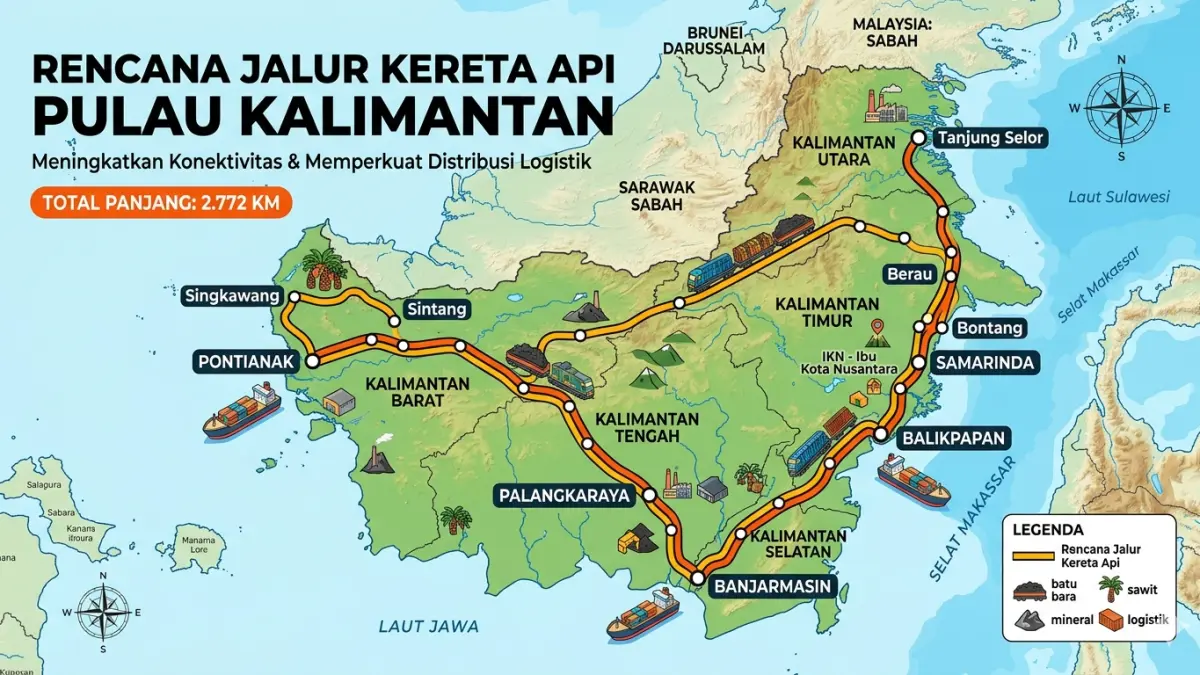 Ilustrasi pemerintah tengah menyiapkan rencana jalur kereta api di Pulau Kalimantan. (GEMINI AI)