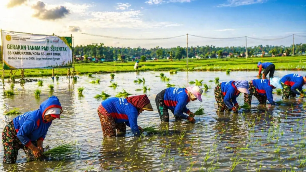 Kementerian Pertanian menggenjot percepatan tanam serentak di 38 daerah Jawa Timur sebagai langkah strategis menghadapi kemarau 2026. Upaya ini ditargetkan mampu meningkatkan Luas Tambah Tanam (LTT) hingga 3,4% dalam satu hari guna menjaga ketahanan dan stok pangan nasional tetap aman.