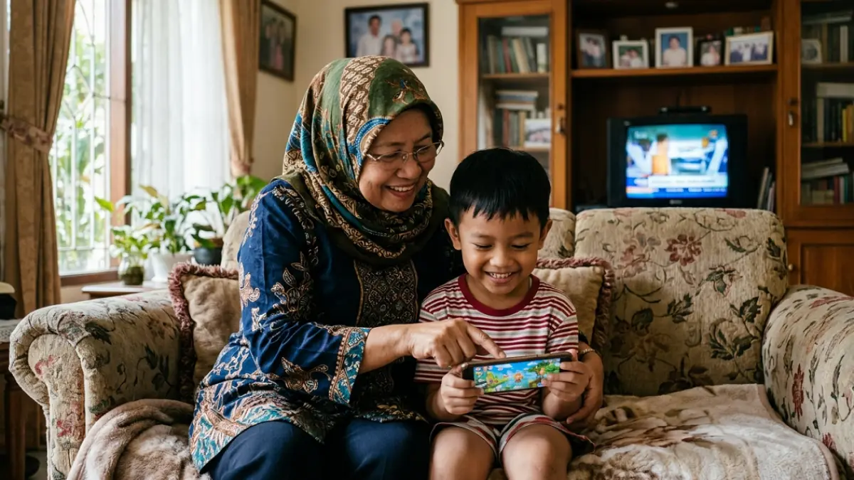 Ilustrasi ibu dan anak bermain handphone (AI)