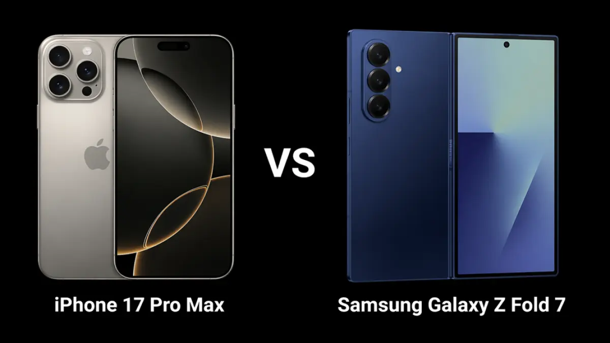 Perbandingan iPhone 17 Pro Max dan Samsung Galaxy Z Fold 7 sebagai flagship 2026. [Ilustrasi AI]