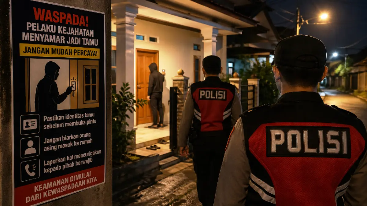 Petugas polisi patroli malam sambil mengingatkan warga waspada terhadap tamu tak dikenal.