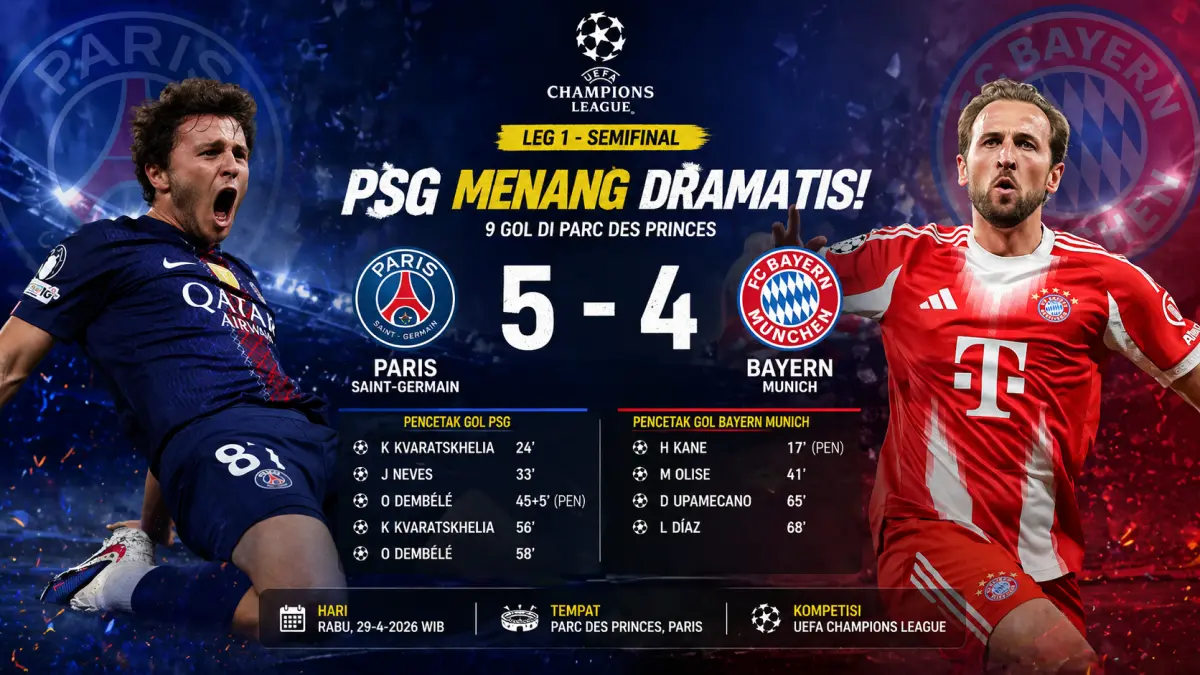 PSG Menang dramatis 5-4 melawan Bayern Munich di leg pertama semifinal Liga Champions. (PSG OFFICIAL&BAYERN MUNICH OFFICIAL, DIOLAH: CHATGPT/PONTIANAK POST)