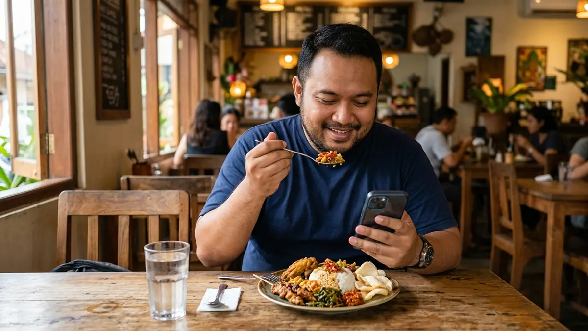 Ilustrasi makan sambil bermain gawai (AI)