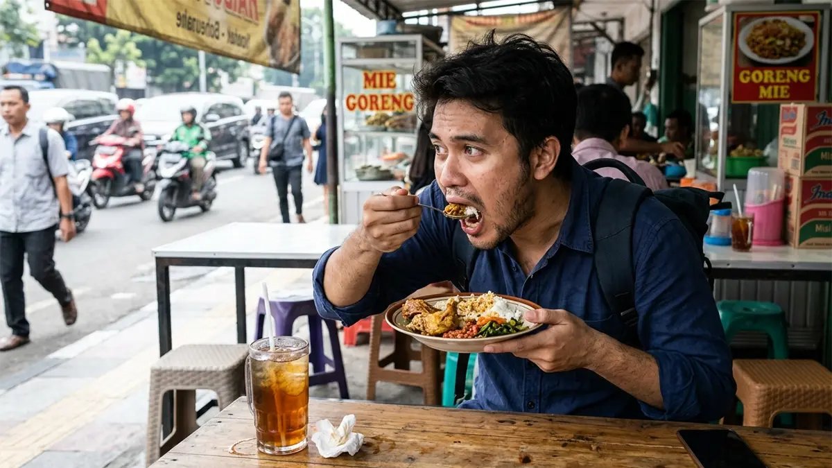 Ilustrasi seorang pria sedang makan (AI)