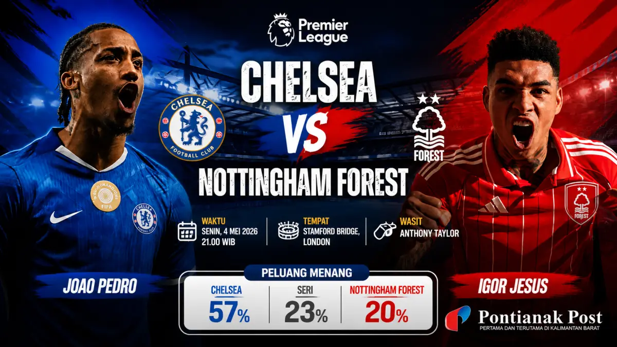 Pertandingan Chelsea vs Nottingham Forest, Senin, 4 Mei 2026 pukul 21.00 WIB di Stamford Bridge. (Generator AI/pontianak post) 
