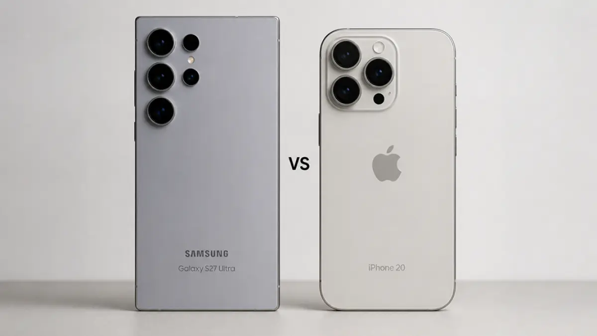 Ilustrasi konsep desain Galaxy S27 Ultra dan iPhone 20 yang bocor ke publik.(Ilustrasi AI)