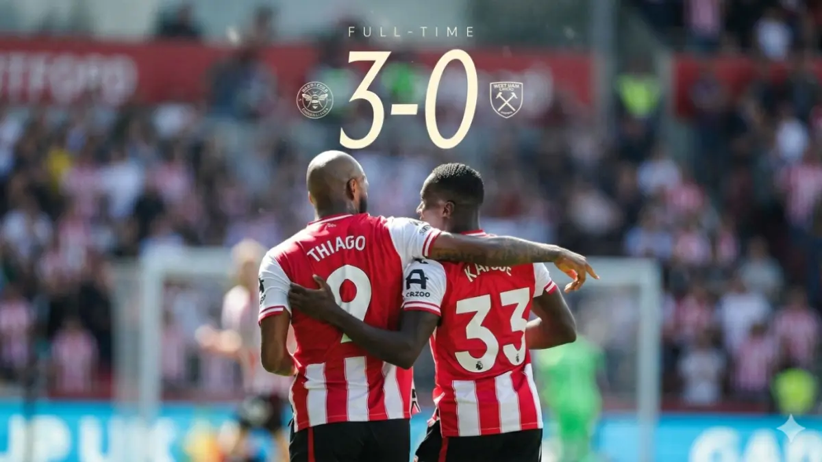 Pemain Brentford merayakan gol ke gawang West Ham dalam kemenangan telak 3-0. (DOK.BRENTFORD)