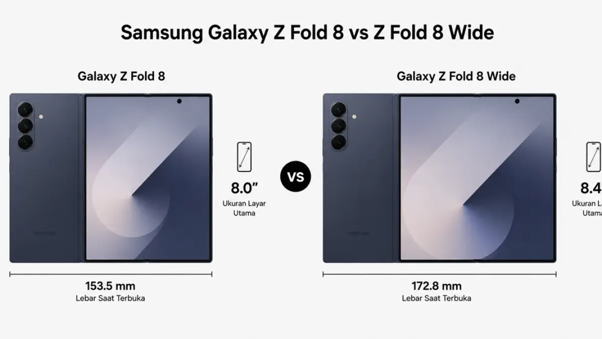 Perbandingan desain Galaxy Z Fold 8 dan Fold 8 Wide dengan ukuran layar berbeda.(Ilustrasi AI)