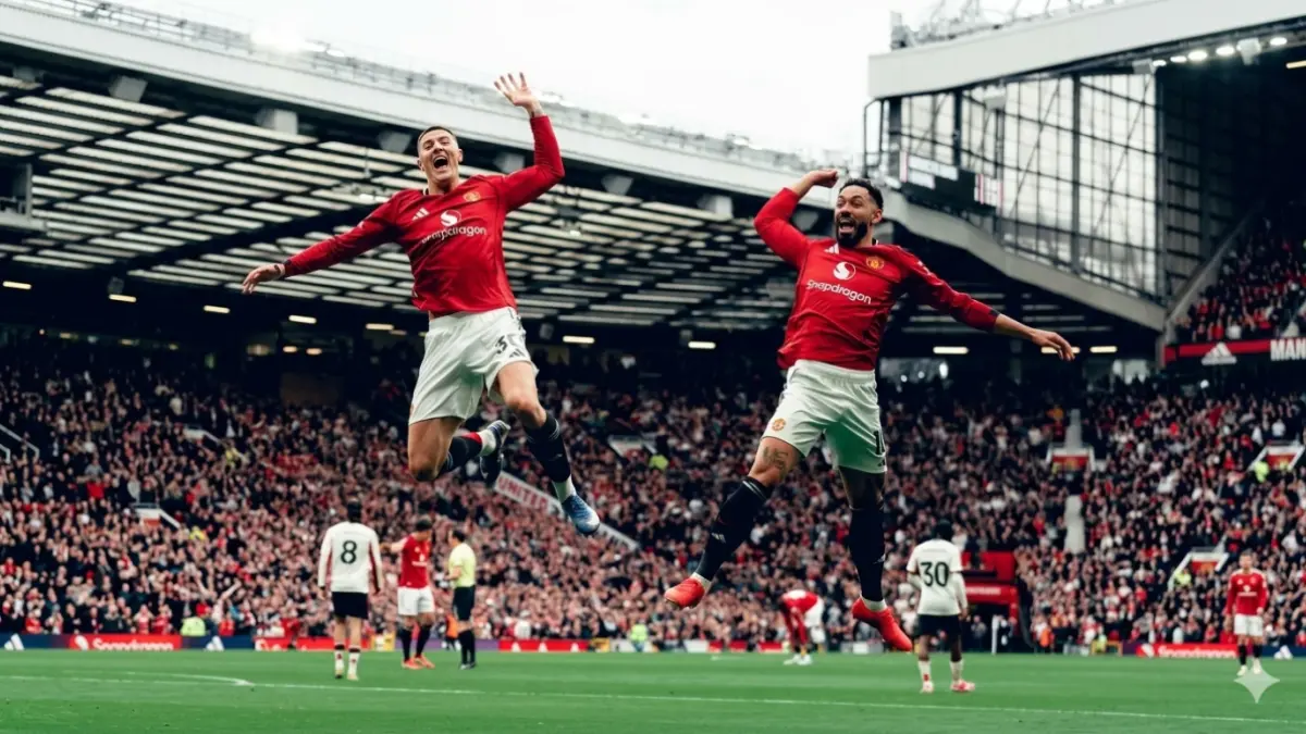Benjamin Sesko berselebrasi bersama Cunha usai mencetak gol ke gawang Liverpool, Minggu (3/5). (DOK.MU)