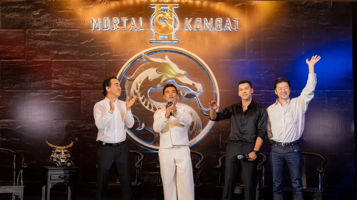 Para pemeran Mortal Kombat II dalam konferensi pers di Jakarta, Minggu (3/5) malam. (ANTARA/Warner Bros. Discovery)