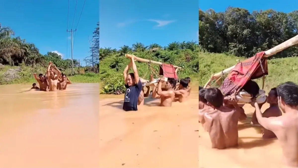 Tangkapan layar video viral warga bergotong royong menandu pasien sakit menuju Puskesmas melewati banjir di Kecamatan Meranti Kabupaten Landak. (FACEBOOK/Kalbar.update2026)