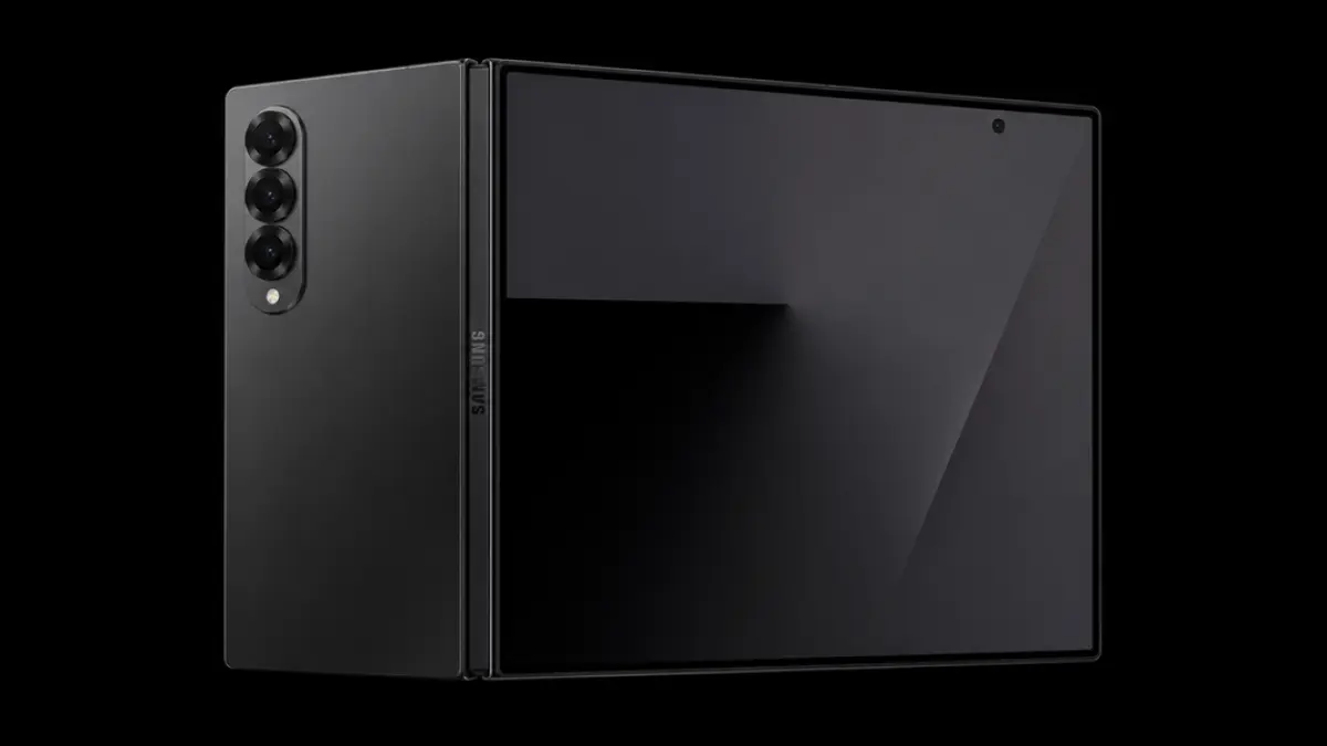 Render CAD Galaxy Z Fold 8 Wide tampil dengan desain layar lebih lebar.(Ilustrasi AI)