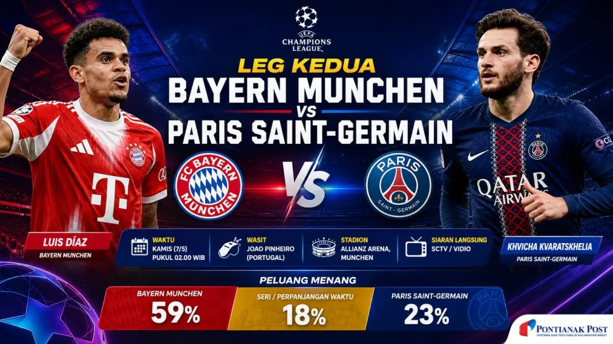 Bayern dan PSG bersiap menghadapi leg kedua semifinal di Allianz Arena, Kamis (7/5) dini hari WIB. (Infografis diolah AI/Pontianak Post)