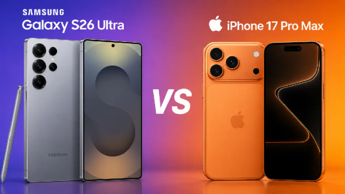Perbandingan Galaxy S26 Ultra dan iPhone 17 Pro Max dalam pengujian langsung reviewer. (Ilustrasi AI)