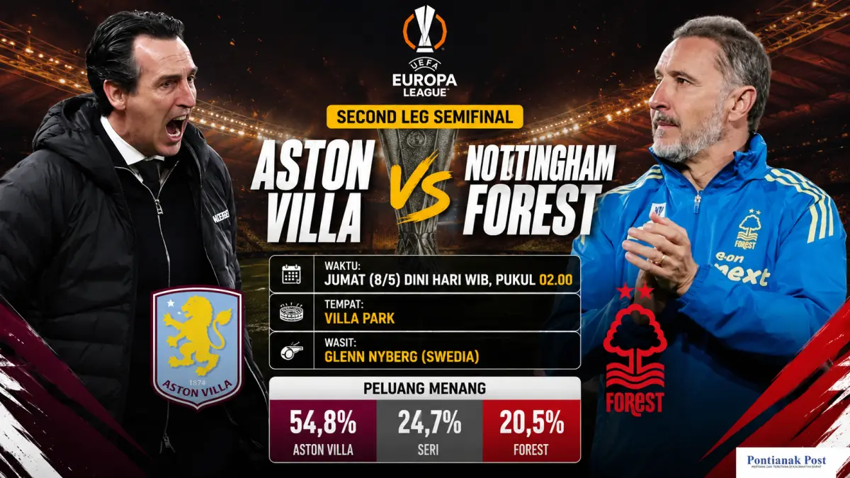 Aston Villa menjamu Nottingham Forest dalam second leg semifinal Liga Europa di Villa Park, Birmingham, Jumat (8/5) dini hari WIB. (Infografis: AI/Pontianak Post) 