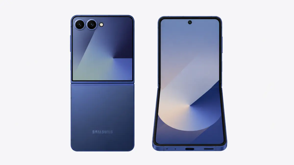 Tampilan Samsung Galaxy Z Flip 8 dengan desain lipat terbaru yang lebih tipis dan elegan. (Ilustrasi AI)&nbsp;