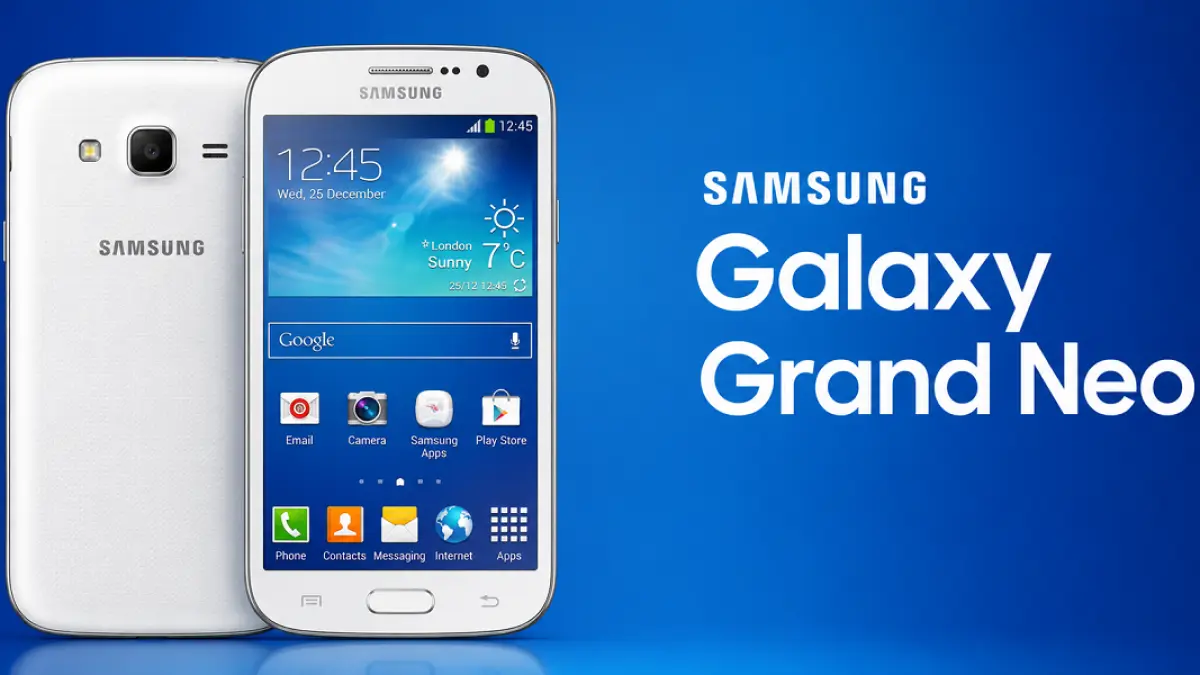 Samsung Galaxy Grand Neo tampil dengan desain khas plastik putih dan layar 5 inci. (Iustrasi AI)