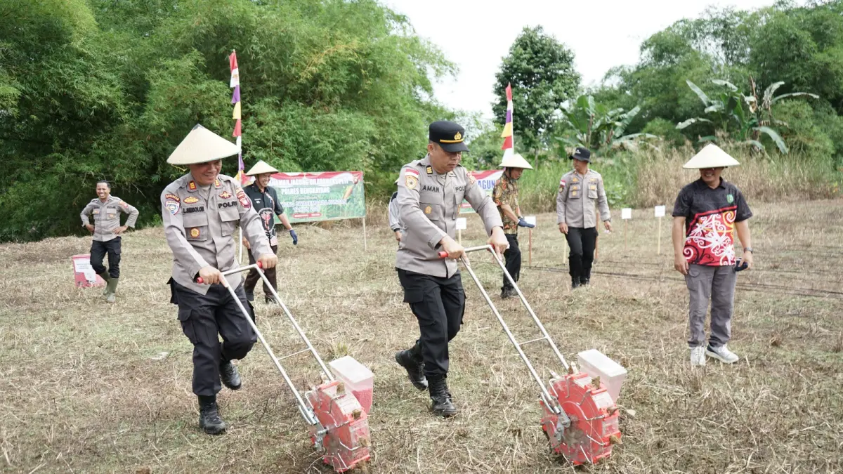 Personel Polres Bengkayang bersama kelompok tani melakukan penanaman jagung di lahan eks PETI kawasan Sentagi Dalam, Desa Bani Amas, Kabupaten Bengkayang.