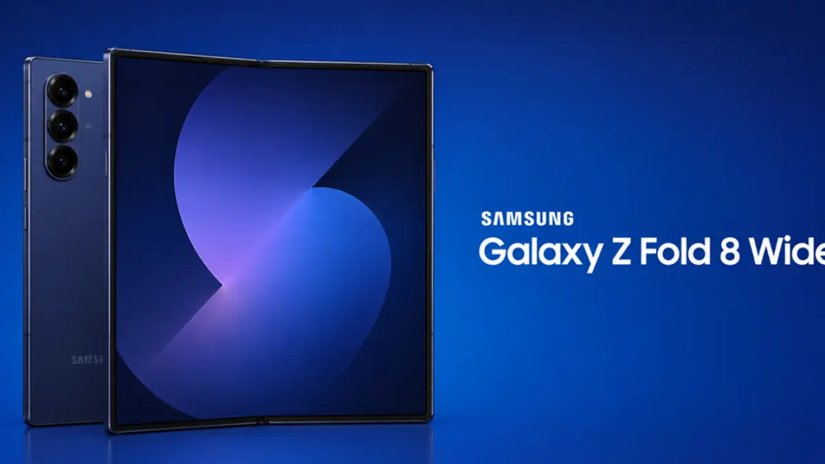 Render Samsung Galaxy Z Fold 8 Wide dengan desain layar baru yang disebut lebih ideal untuk multitasking. (Ilustrasi AI)