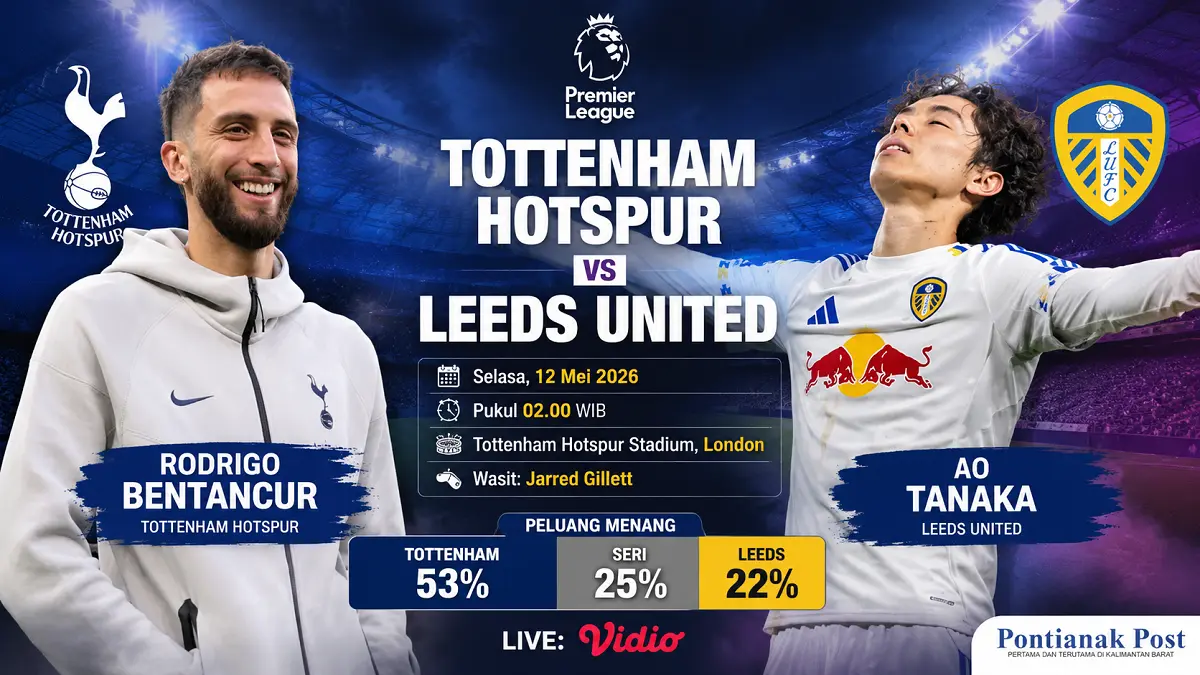 Tottenham Hotspur vs Leeds United, Selasa, 12 Mei 2026, pukul 02.00 WIB. (Infografis: AI/Pontianak Post)