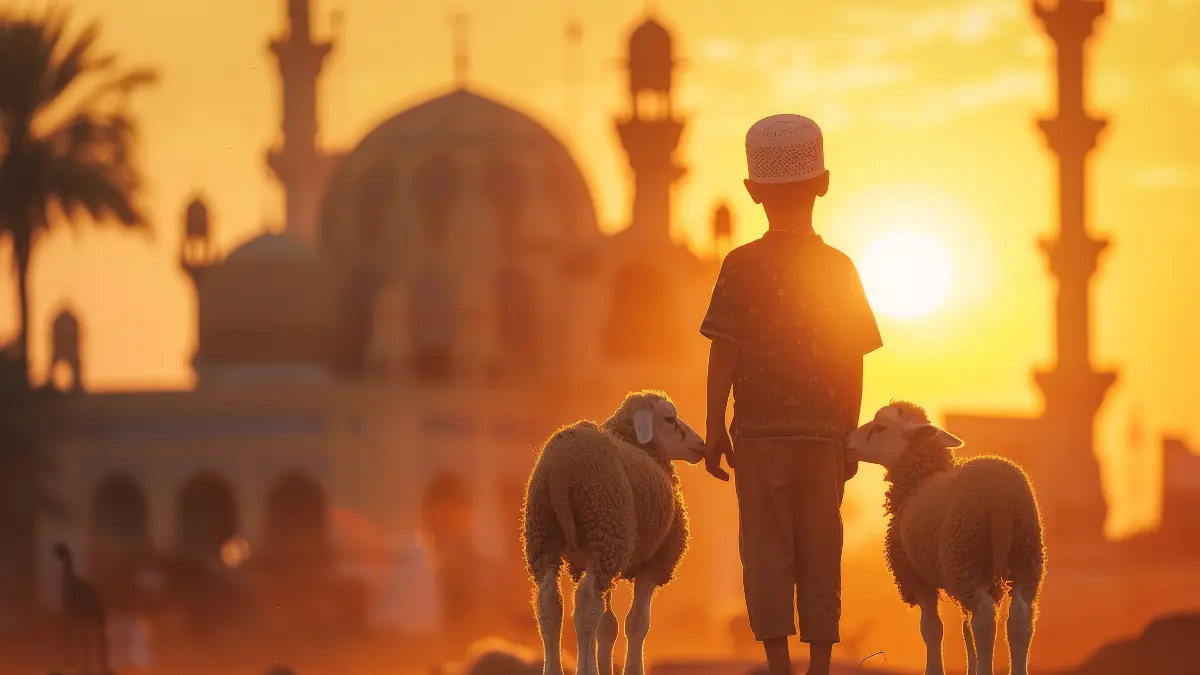 Ilustrasi lelaki muslim dengan 2 hewan kurbannya. (MAGNIFIC/AI)