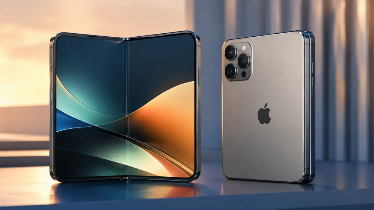 Render iPhone Fold terbaru memperlihatkan desain ponsel lipat Apple dengan bodi ultra tipis.(Ilustrasi AI)