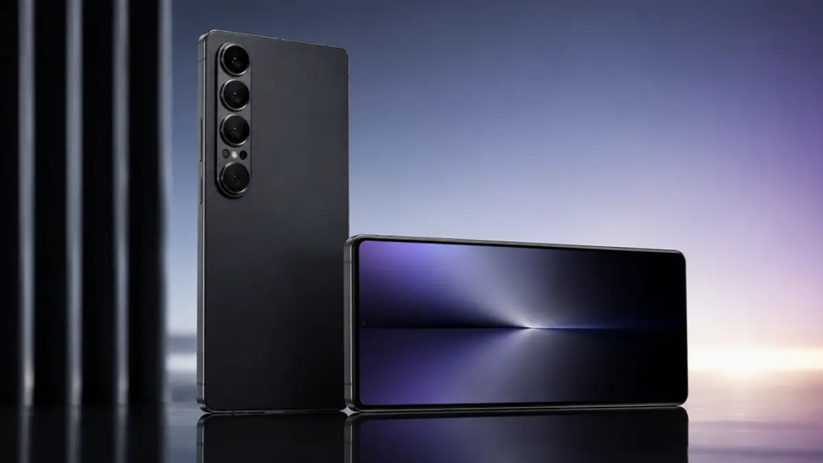 Render bocoran Sony Xperia I VIII yang menampilkan desain premium dan konfigurasi tiga kamera belakang. (Ilustrasi AI)