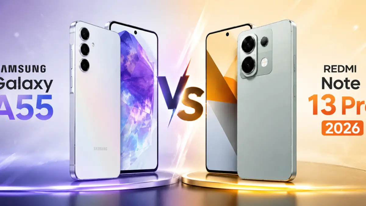 Samsung Galaxy A55 dan Redmi Note 13 Pro menjadi dua smartphone mid-range paling ramai dibandingkan pada 2026.(Ilustrasi AI)